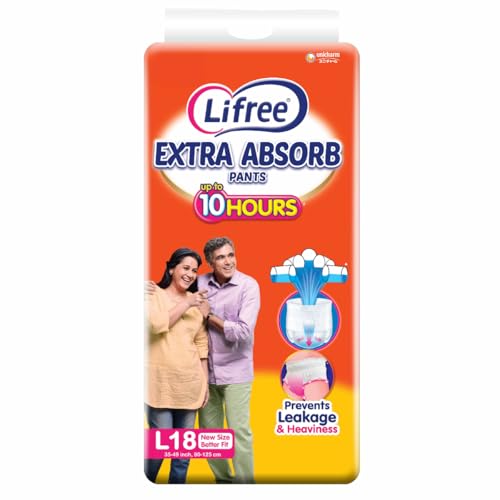 Lifree Extra Absorb Adult Diaper Pants | Size L | Waist (35-49 Inches) |Upto 10 Hours Absorbption | Prevents Leakage & Heaviness | 18 Count