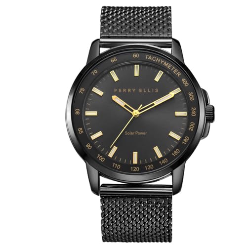 Image of Perry Ellis Solar Powered Mens Watch | Steel Mesh Band | Water-Resistant Analog Wrist Watches for Men | 43mm Case | Aluminum Tachymeter Bezel | Elegant Gift for Man (Gun)