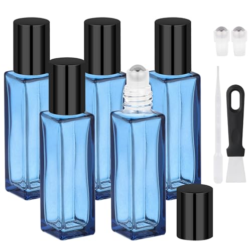 Segbeauty 0.34oz Glass Essential Oil Roller Bottles Refillable, 5Pack of Empty Rollerball Bottles for Oil, 10ml Dark Blue Leakproof Perfume Bottle with Dispensing Tool Set, Anointing Oils Bottle