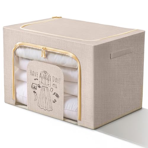 Image of Prime Pick Zip Guard Storage Box Foldable Clothes Organizer Double Zipper Lid Reinforced Handles Breathable Washable Fabric Wardrobe Closet Cupboard Space Saving Storage Bin Beige Pack of 1