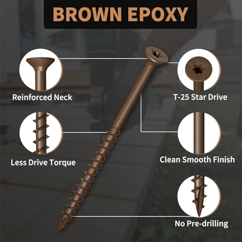 Image of Wood Screws 3-1 /2 Inch, FIXLINK Deck Screws #10 x 3-1 /2 inch, 105 PCS, Epoxy Coated, T25 Star Bit Above 1500 Hour Salt Spray Coating Outdoor Decking Screws Excellent Rust Resistant for Wood Fence, Brown