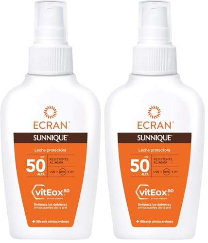 Ecran Sunnique - Spray Protector FPS 50 Formato Viaje, Protección UVB + UVA e IR-A, Refuerza las Defensas, Hidratación 24 h, Fórmula con VitEox 80, Resistente al Agua, para Toda la Familia - 100 ml