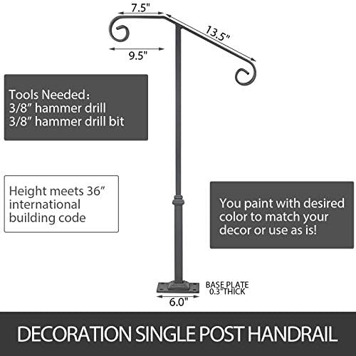 BuoQua Dark Gray Single Post Handrail Fits 1 or 2 Steps Handrail Wrought Iron Single Post Wrought Iron Rail Single Post Railing Ornamental Top Hand Rail Stairs with Hardware for Outdoors Steps
