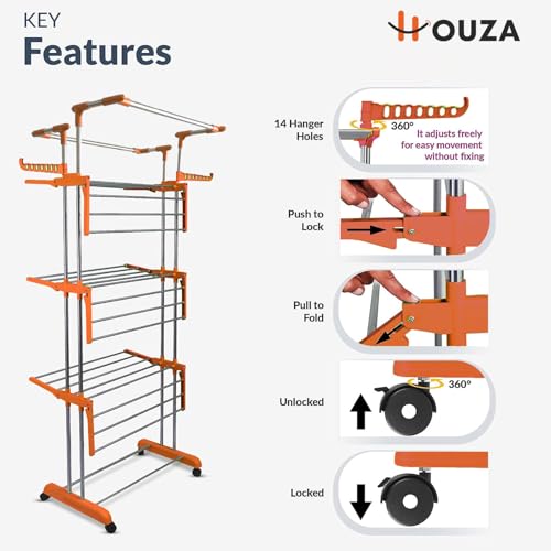 Image of HOUZA Premium Stainless Steel Cloth Dryer Stand with Wheels | Foldable Cloth Stand for Household, Balcony, Home & Outdoor, | Portable & Rustproof (4-Tier)- Orange