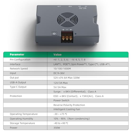 Image of 350W PoE Injector, 9-36V to 52V 6A Output - XT60 Cable Included | For Starlink Standard 4 / 4X / Gen 3 /Enterprise /Performance Gen 3 - USB-A 12V /1.5A & Type-C 5V /3A - Smart Cooling Aluminum Case