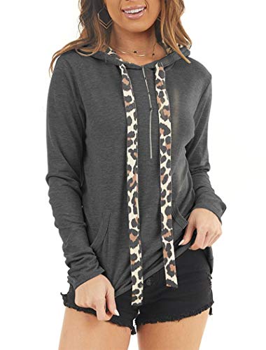 PRETTODAY Women's Leopard Print Hoodies Color Block Pullovers Casual Long Sleeve Sweatshirts (Charcoal,Large)