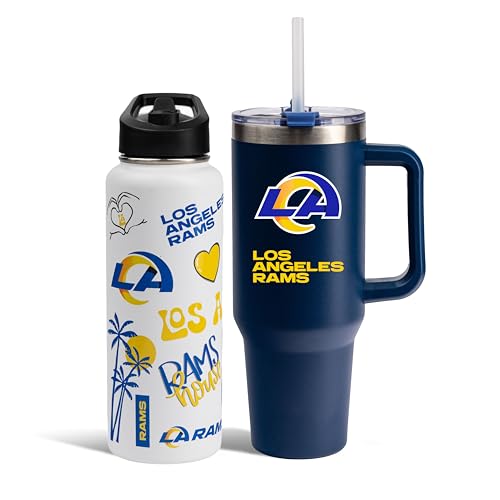 The Memory Company Officially Licensed 34oz Team Spirit Water Bottle and 46oz Game Day Tumbler with Straw Set, Los Angeles Rams