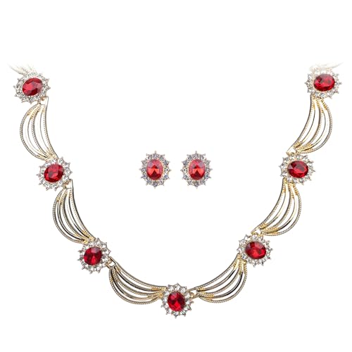 Kercisbeauty Red Rhinestones Beads Choker Necklace with Crystal Stud for Women Vintage Wedding Jewelry Set (Red)