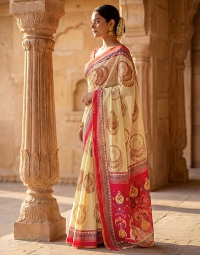 Image of SIRIL Women's Cotton Linen Printed, Zari Border One Minute Ready To Wear Saree With Unstitched Blouse Piece