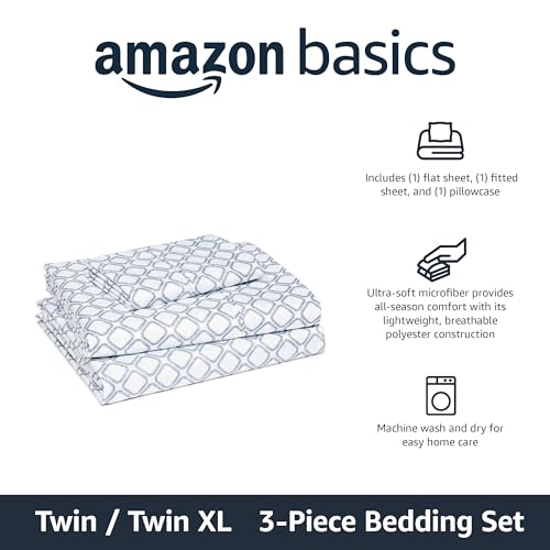 Image of Amazon Basics Lightweight Microfiber 3-Piece Bed Sheet Set, Twin XL, Aqua, Printed