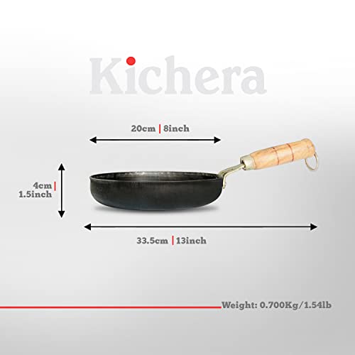 Image of Kichera Iron Fry Pan with Wooden Handle 20cm /8 inch, 1Ltr, 0.7kg | Gas Stove and Induction Friendly | Pre-Seasoned Black Flat Sheet Metal Iron Traditional Frying Pan