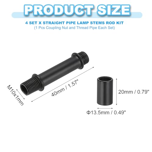 Image of PATIKIL Straight Pipe Lamp Stems Rod Kit, 4Set M10 Carbon Steel 40mm(1.57 inch) Long Double End Thread Rod with Coupling Nuts Sleeve Connector for Table Lamps Chandeliers, Black