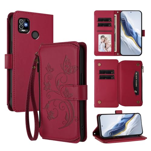 Cover Compatibile con Tecno Pop 5 4G con Pop 5 4G Cordinoã€5 Portacarteã€ã€Portafoglio a cernieraã€ã€Chiusura magnetica〠Stand Flip Custodia Red