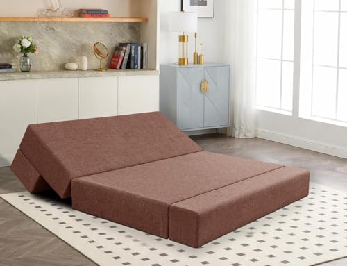 Image of Los Angeles Foldable Two Seater Sofa Cum Bed, Sofa Bed 4 X 6 Feet Jute Fabric Washable Cover- Including Cushion Perfect for Living Room & Office, Guest Room - Brown Color