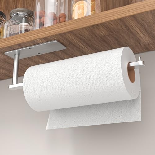 Paper Towel Holder Under Cabinet: Wall Mounted Paper Towel Holder No Drilling, Adhesive Under Cabinet Paper Towel Holder, Black Kitchen Towel Holder, Silver