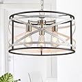 Farmhouse Chandeliers for Dining Room, 3-Light Metal Dining Room Light Fixture, 18.5" Rustic Drum Chandelier Hanging Light for Kitchen Foyer Entryway Bedroom, Nickel with Retro Wood Texture Interior