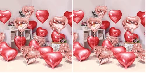 Image of Just Party 5 Pcs Red & Rose Gold 18 Inch Heart Shape Foil Balloons with Shiny Surface For Birthdays /Anniversary /Engagement /Baby Shower /Party Decorations (Satin Roll & Straw Included) (Pack of 2)
