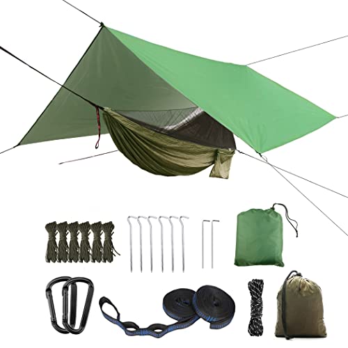 Oversized rain Rope tarp and Camping Hammock with Mosquito net, Portable Single Double Hammock with Tree Strap Hammock Set for Camping, Backpacking hikes, Outdoor Backyard?Army Green?
