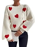 Verdusa Women's Heart Print Drop Shoulder Crew Neck Long Sleeve Graphic Print Sweater Knit Tops Beige and Red Large