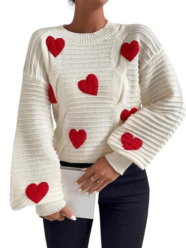 Verdusa Women's Heart Print Drop Shoulder Crew Neck Long Sleeve Graphic Print Sweater Knit Tops Beige and Red Large