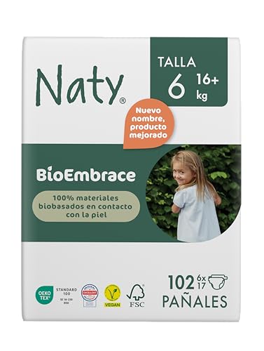 Naty BioEmbrace Pañales para Bebé Talla 6 (16 kg+) | 100% Biobasados en contacto con la piel | Suavidad de origen vegetal, Dermatológicamente testado, Súper Absorbente | 102 Unidades