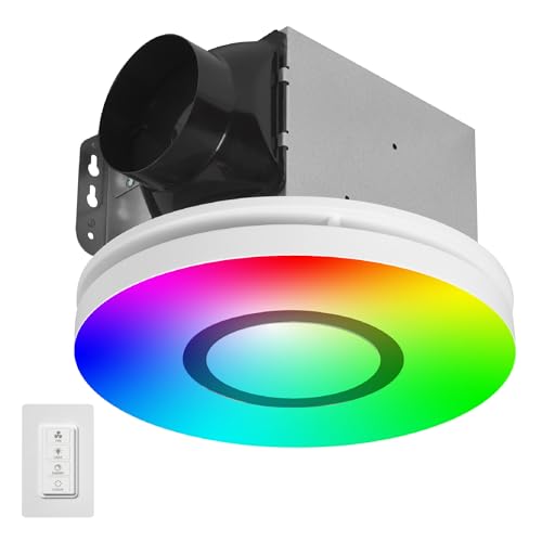 Extractor para baño Homewerks 7141-80-RGB con luz LED RGB cambiante y regulable, ventilador de extracción con sensor de humedad SmartVent, 80 CFM, 1.1 sones miniatura 1