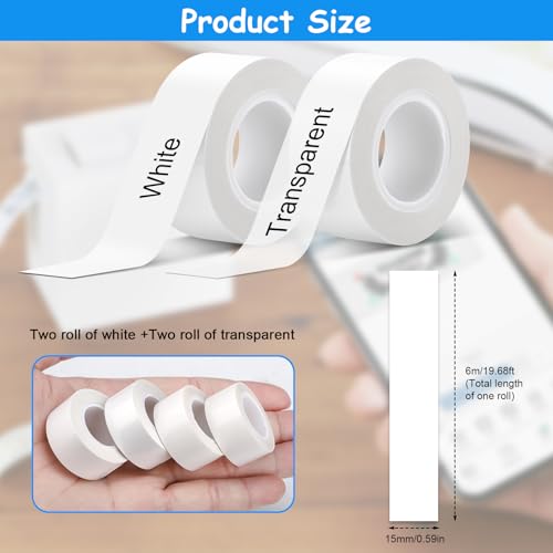 4 Rollen Etikettenband, 15mm x 4m Endlos-Etikettenband, Kompatibel mit PRT QUTIE, Makeid L1, Phomemo D30, Wasserfeste Etiketten für Barcode, Name, Datum (2 Rollen Weiß + 2 Rollen Transparent)