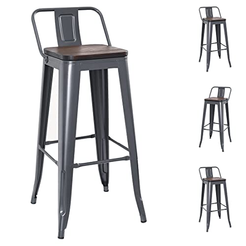 H JINHUI 4er Set Metall Barhocker 76 cm Hoch,Mit Holz-Sitzfläche und Lehne Stapelbarer Vintage-/Industrial-Hocker für Bars, Bistros, Terassen & Cafes | Auch für Eigenheim (Pistole grau) Cover