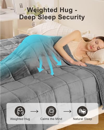 Image of Ultra-Soft Weighted Blanket for Adults(15 lbs, 60 inch x 80 inch Queen Size) Plaid Sherpa Fleece Reversible Heavy Blanket with Glass Beads, Perfect for 140-190 lbs, Machine Washable, Grey