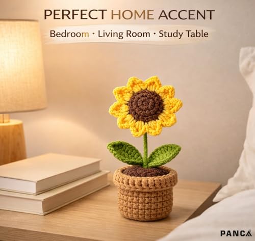 Image of PANCA Crochet Sunflower Pot - Artificial Sunflower for Office Desk, Car Dashboard & Home Decor | Handcrafted Yarn Flower in Pot, for Wedding, Bedroom (Sunflower in Brown Knitted Pot)