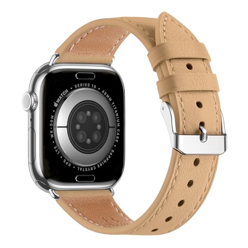 Bestig Leather Bands Compatible with Apple Watch Band 38mm 40mm 41mm 42mm(Series 10 11) for Women Men, Wristband Strap for iWatch SE3/2/1&Series 9 8 7 6 5 4 3 2 1(Camel+Silver)
