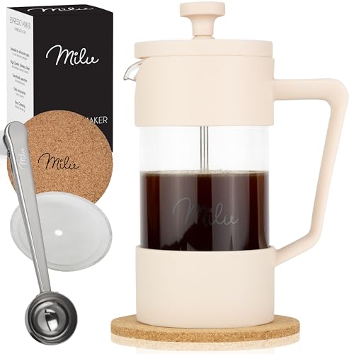 Milu FP-GLAS-BEIGE French Press Kaffebryggare | 350 ml, 600 ml, 1 l | glas kaffepress, kaffebryggare för hemmet resor camping inkl. underlägg, sked, ersättningsfilter (beige, 350 ml (2 koppar)