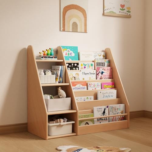 Image of Solid Wood Kids Bookshelf and Storage Organizer, 7 Layer Children Bookcase, Baby Toddler Wooden Book Shelf, Display Cabinet for Playroom, Bedroom, Classroom, Nursery, School, Natural