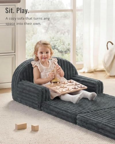 Image of Blissful Diary Foldable Kids Couch, 2-in-1 Comfy Kids Chair for Reading, Playroom, Kids Couch Sofa for Girls Boys Birthday Gift, Dark Gray