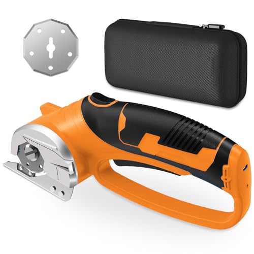Image of Cordless Electric Scissors, 4V Rechargeable Box Cutter & Cardboard Cutter with LED Light, Safety Lock - Rotary Cutter for Fabric, Leather, Carpet, Plastic, Crafting, Sewing with Storage Box (Orange)