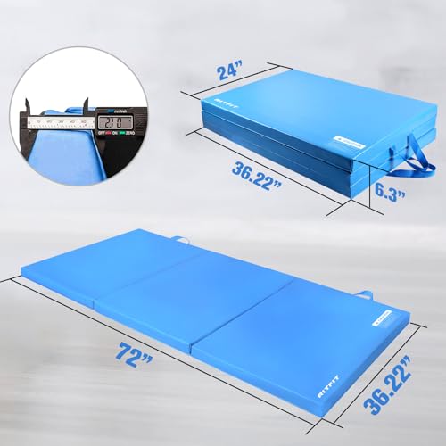 RitFit Upgraded Tri-Fold Folding Thick Exercise Mat 6’x3’ with Carrying Handles for MMA, Gymnastics, Stretching, Core Workouts (Sky Blue(3' x 6'))