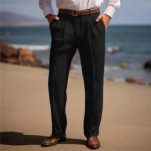 Men Cotton Linen Breathable Suit Pants, Solid Color Basic Pleated Casual Clothes Button Waist Baggy Pants with Pockets2