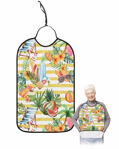 LEOKOTI Summer Botanical Adult Bibs for Eating, Waterproof Bibs with Food Catcher & Adjustable Snap Closure, Watermelon Fruits Yellow Striped Washable Clothing Protectors Adult Bibs for Elderly