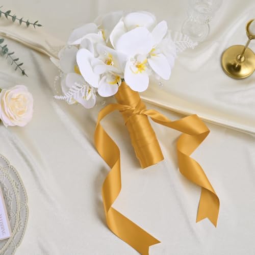Image of Double Face Old Gold Satin Ribbon 1-1 /2 inch X 50 Yards Polyester Old Gold Ribbon for Gift Wrapping Very Suitable for Weddings Party Hair Bow Invitation Decorations and More