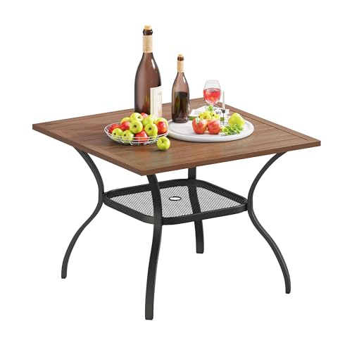 Image of VICLLAX Outdoor Patio Dining Table for 4, Square Patio Table with Umbrella Hole for Patio Lawn Deck Backyard, Walnut Tabletop