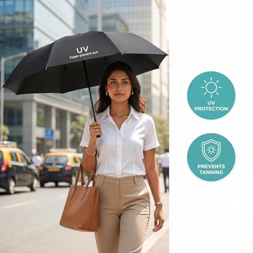 Image of Portable Auto Travel Umbrella - Windproof for Rain, Strong for Wind, Auto Open /Close Button, Perfect UV Protection Compact Folding Car Umbrella (Chhata) for Men & Women