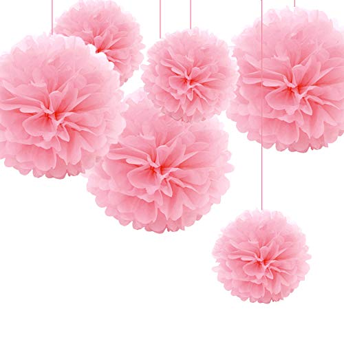 Little Snow Direct 6 Pieces Mixed Large Tissue Paper Pom Poms Flower Wedding Party Garlands Birthday Gift Wrap Nursery Home Decoration - Rose Pink, 15 Inch and 20 Inch