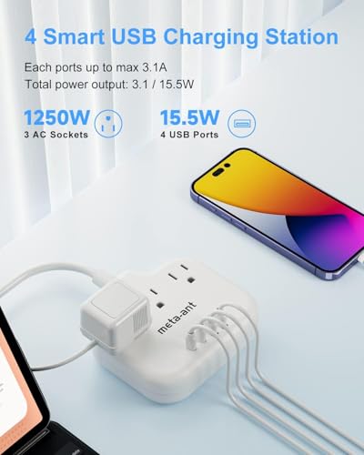 Adaptador meta-ant de 2 clavijas a 3 clavijas con 7 tomas y 4 USB (2 USB-C), extensión de 1.55 m, polarizado, color blanco miniatura 4