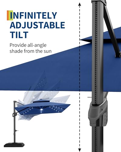 10' x 10' Heavy Duty Cantilever Patio Umbrella with Solar LED Lights & Weighted Base, 2-Tier Square Aluminum Offset Umbrella with 360-Degree Rotation for Backyard, Deck, Pool, Navy Blue