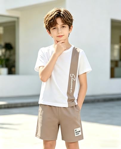 Image of Ayzozuy Boy Clothes Colorblock Top + Drawstring Waist Shorts 2 Pieces Kid Summer Outfits Set