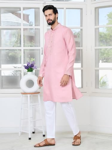 Image of See Designs Men's Full Sleeve Mandarin Collar Sequins Embroidered Chanderi Straight Long Kurta with Yoke Design - Festive Collection