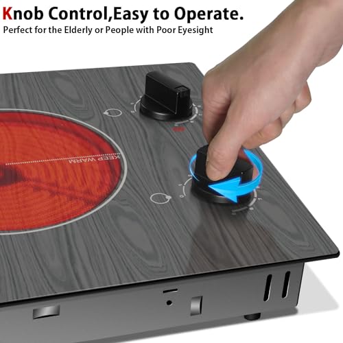 Image of Karinear Electric Cooktop 2 Burners, 110v Portable Electri Stove Top | Knob Control Glass Cooktop, Beautiful Woodgrain Pattern, Built-in Countertop Radiant Ceramic Cooktops, 12 Inch