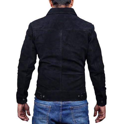 Image of Mens Polo Collar Zipper Suede Shirts Long Sleeve Shacket Suede Trucker Jacket Real Suede Leather Shirt