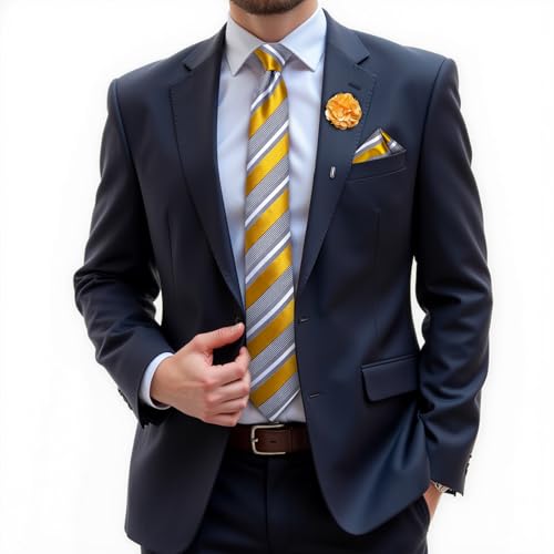 Image of DiBanGu Silk Ties for Men Necktie and Lapel Pin Brooch Set Formal Woven Paisley Plaid Striped Solid Tie Wedding Party