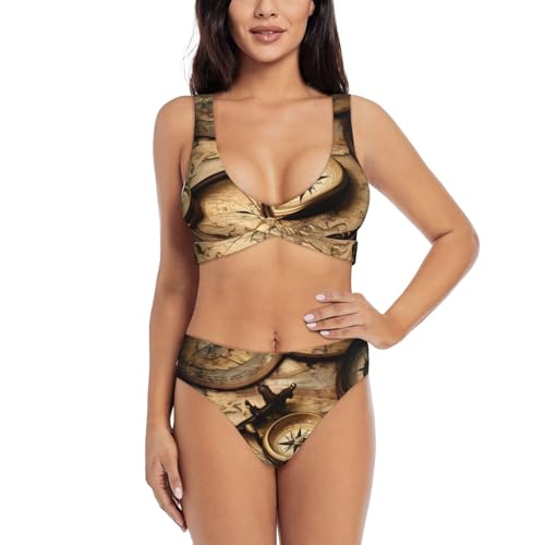 Maillot de bain 2 pièces ventre plat à motif boussole et carte du monde
